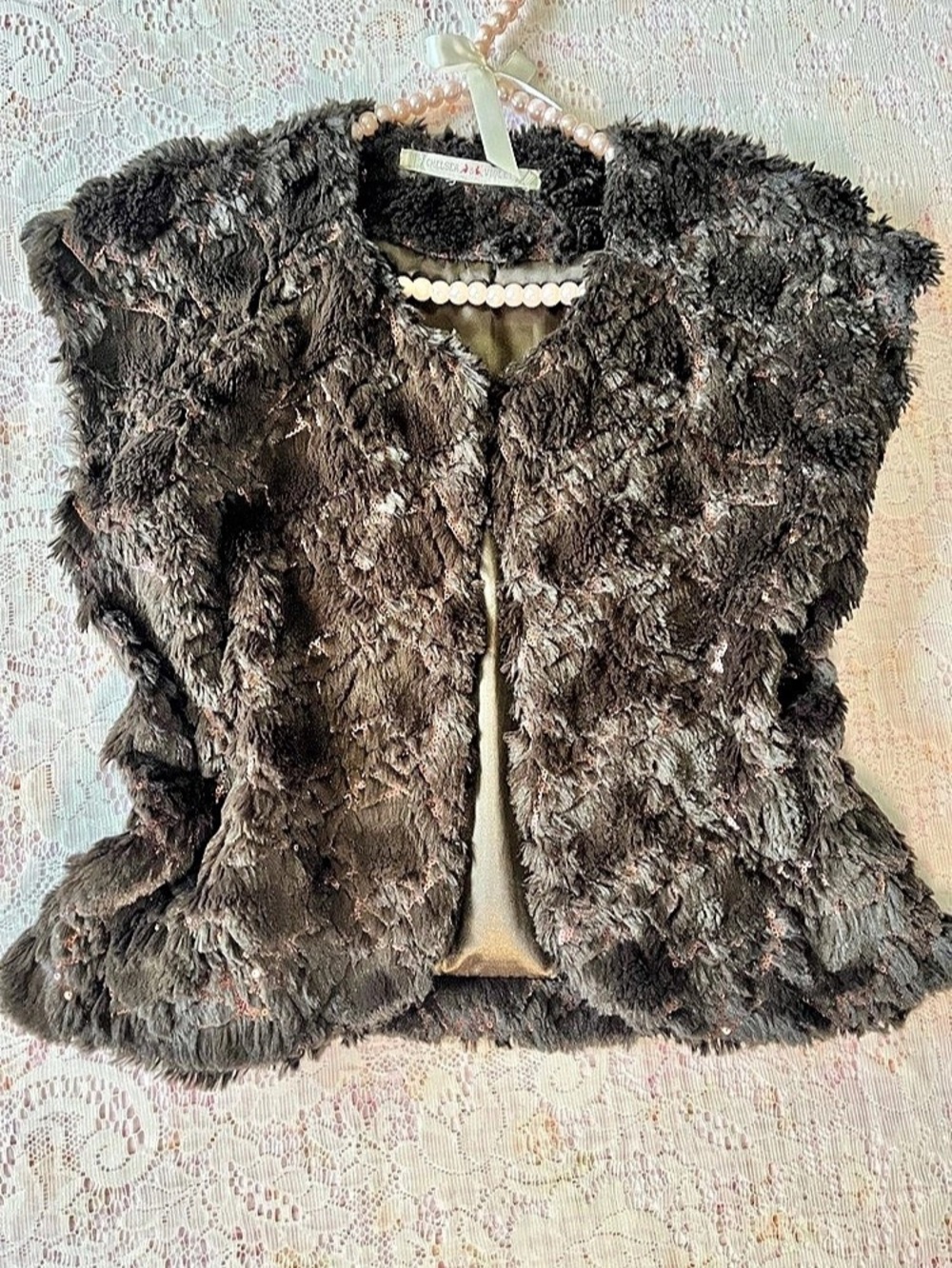 Chelsea & Violet Brown Sequined Faux Fur Vest